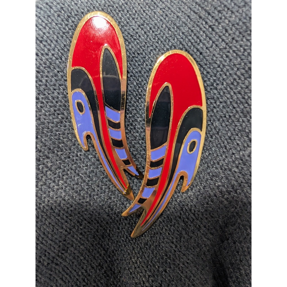 Vintage 80s MEOW Enamel Fish Statement Earrings Gold Tone Pierced Posts Retro